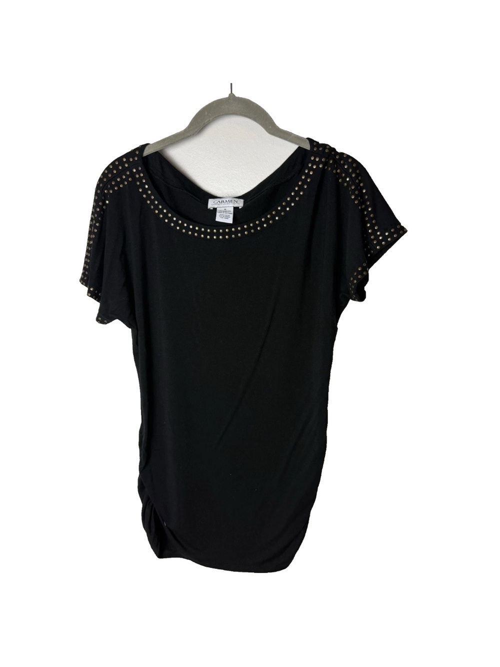 Carmen Marc Valvo Top Size Small Short Sleeves Stretch Black Bronze Studded Look
